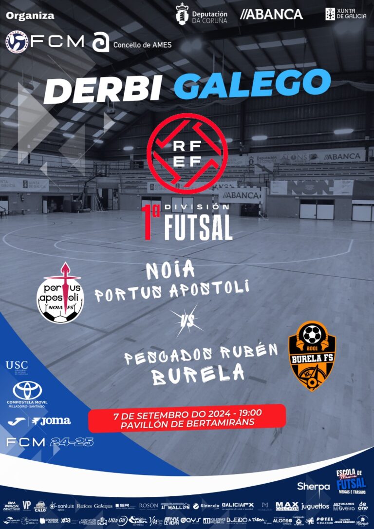 O pavillón de Bertamiráns acolle o primeiro derbi galego de fútbol sala entre Noia e Burela