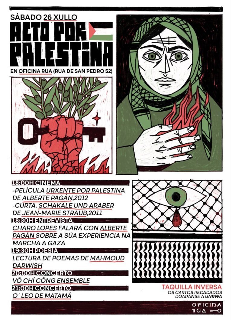 Artistas galegos promoven un acto por Palestina con música, cinema e poesía na Oficina Rúa